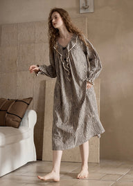 Autumn Stripe Beige Black Vintage Ruffle Pajama Dress Nightwear