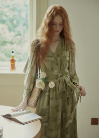 Vintage Sage Green Floral Wrap Maxi Dress