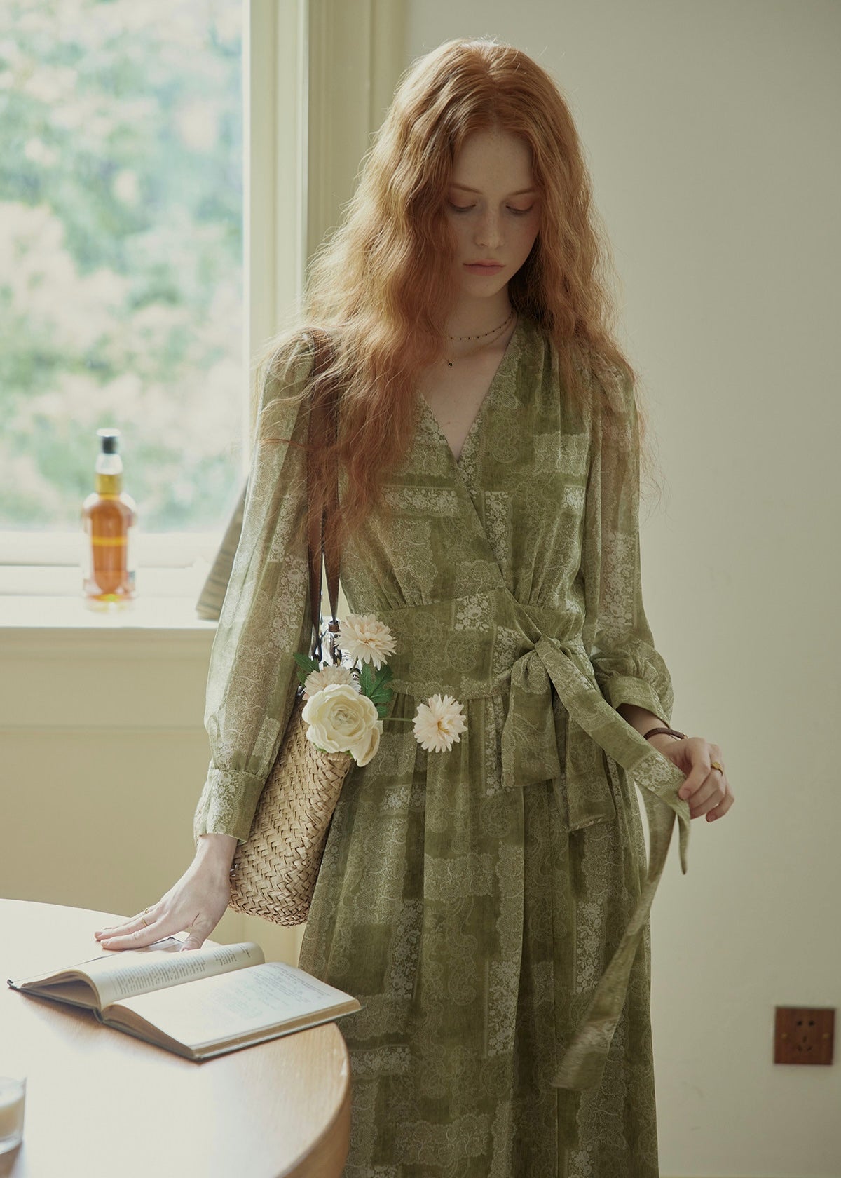 Vintage Sage Green Floral Wrap Maxi Dress
