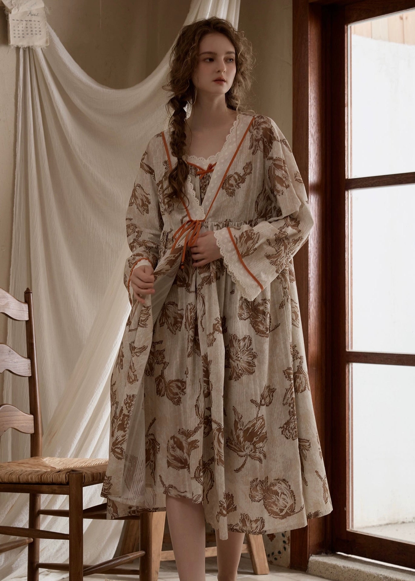 Vintage Floral Lace Trim Long Nightdress with Robe(2COLOR)