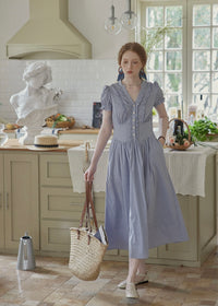 Blue Stripe Button Vintage Short Sleeve Dress