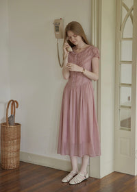 Soft Gathered Front Ruffle Pink A-Line Long Dress