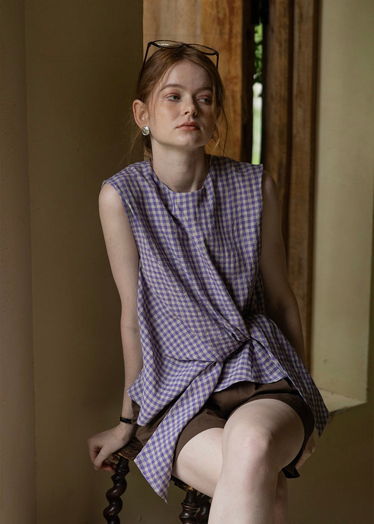 Lavender Knot Gingham Sleeveless Wrap Blouse