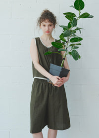 Moss Green Quiet Cotton Pajama Set Vintage Plaid Sleeveless Lounge Set