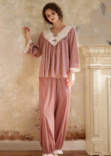 Vintage Lace Collar Pink Long Sleeve Women's Pajama Set