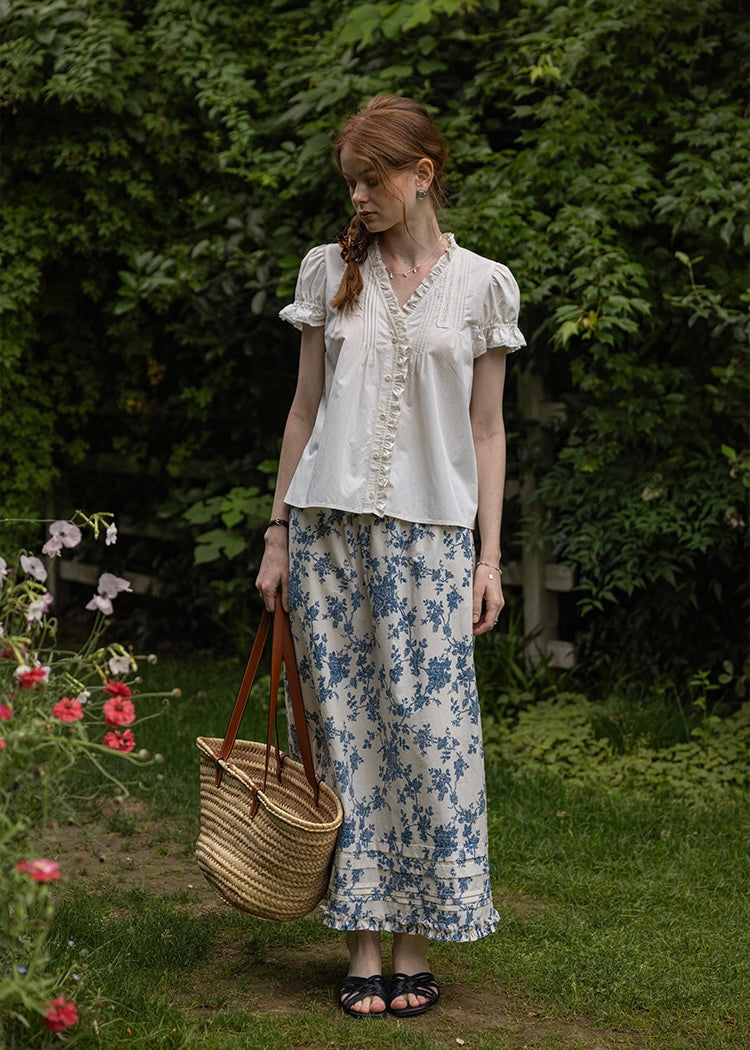 Sunday Picnic Blouse | Lace Trim Puff Sleeve Vintage Top(2COLOR)