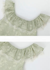 Sage Ruffle Lace Trim Sleeveless Long Dress