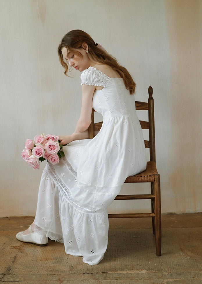 Élise Broderie White Dress | Romantic Lace Cotton Maxi Dress