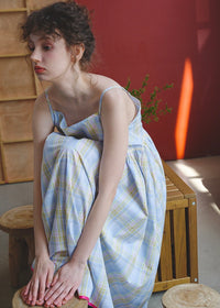 Faded Blue Reverie Check Cotton Slip Nightdress