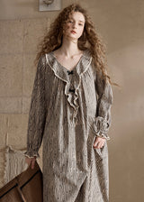 Autumn Stripe Beige Black Vintage Ruffle Pajama Dress Nightwear