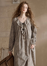 Autumn Stripe Beige Black Vintage Ruffle Pajama Dress Nightwear