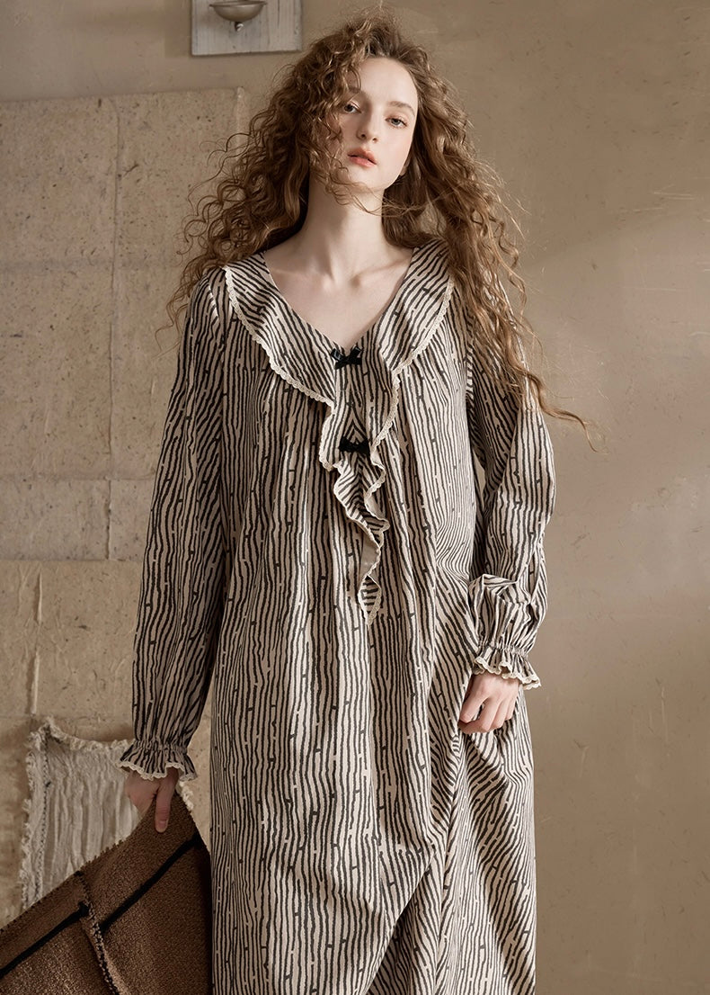 Autumn Stripe Beige Black Vintage Ruffle Pajama Dress Nightwear