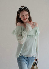 Lumière Mint Off-Shoulder Ruffle Blouse