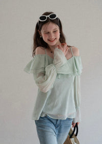 Lumière Mint Off-Shoulder Ruffle Blouse