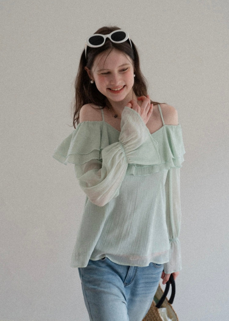 Lumière Mint Off-Shoulder Ruffle Blouse