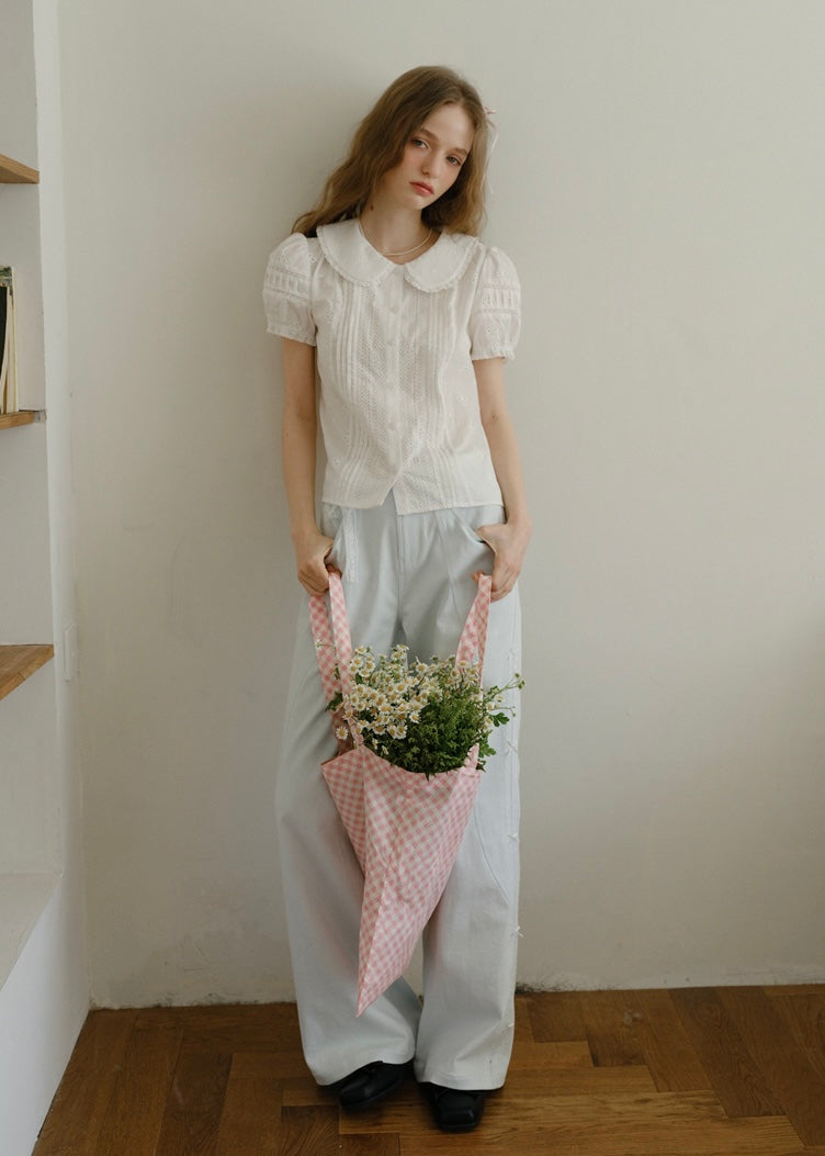 Evelyn Eyelet Blouse | Vintage White Cotton Shirt with Pintuck and Lace Collar