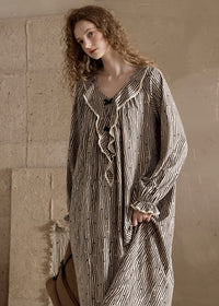 Autumn Stripe Beige Black Vintage Ruffle Pajama Dress Nightwear