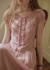 Soft Gathered Front Ruffle Pink A-Line Long Dress