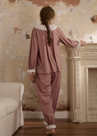 Vintage Pink Lace Collar Long Sleeve Women's Pajama Set