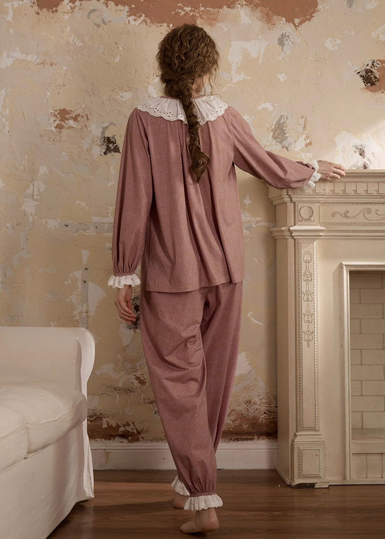 Vintage Pink Lace Collar Long Sleeve Women's Pajama Set