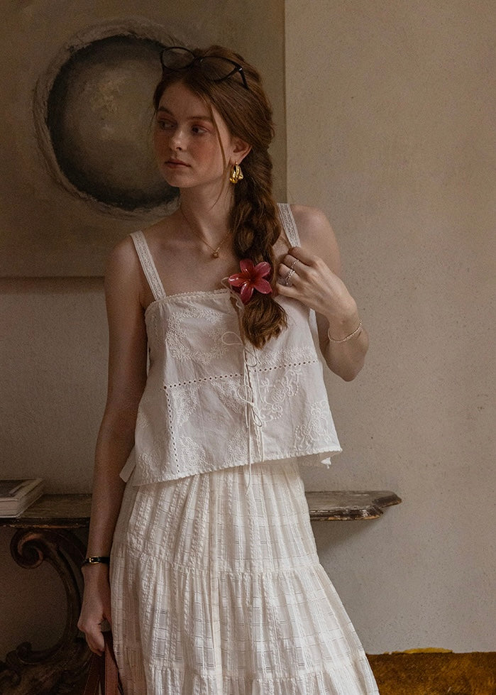 Serenade Embroidered Cotton Cami Top | Vintage Lace-Up Eyelet Vest(2COLOR)