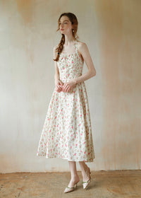 Summer Poem Rose Print Halter Backless Dress