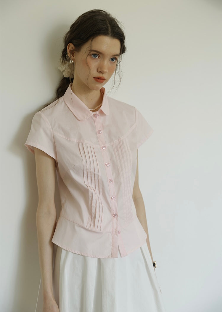 April Tuck Blouse | Vintage Pink Short Sleeve Shirt with Pintuck Detail
