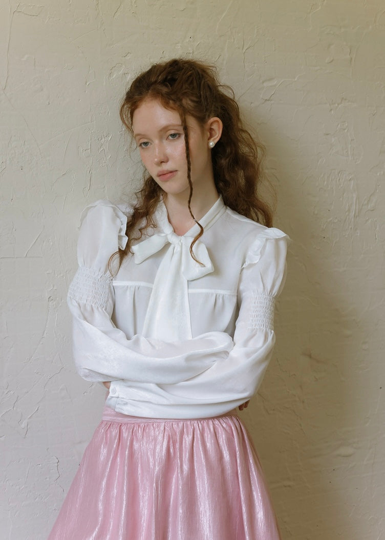 Romantic Vintage Bow Tie White Puff Sleeve Blouse