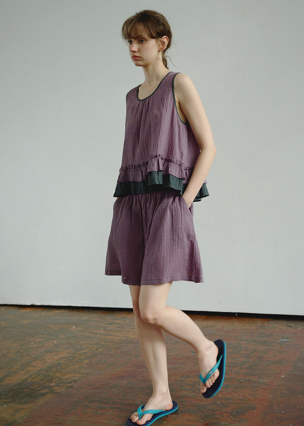 Plum Check Frill Linen Loungewear Sleeveless Top Shorts Pajama Set