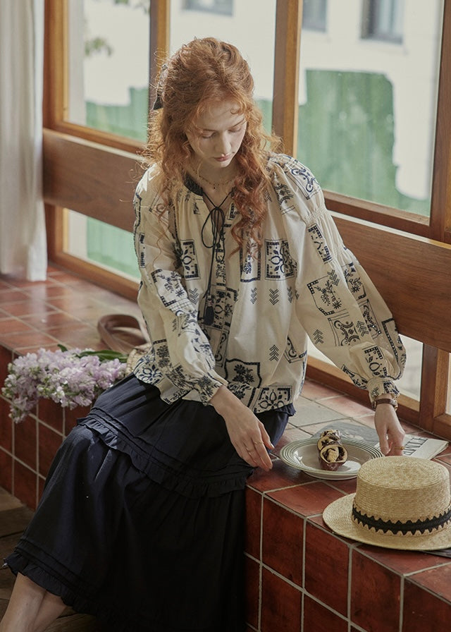 Meadow Folk Tie Blouse | Vintage Navy Print Peasant Top
