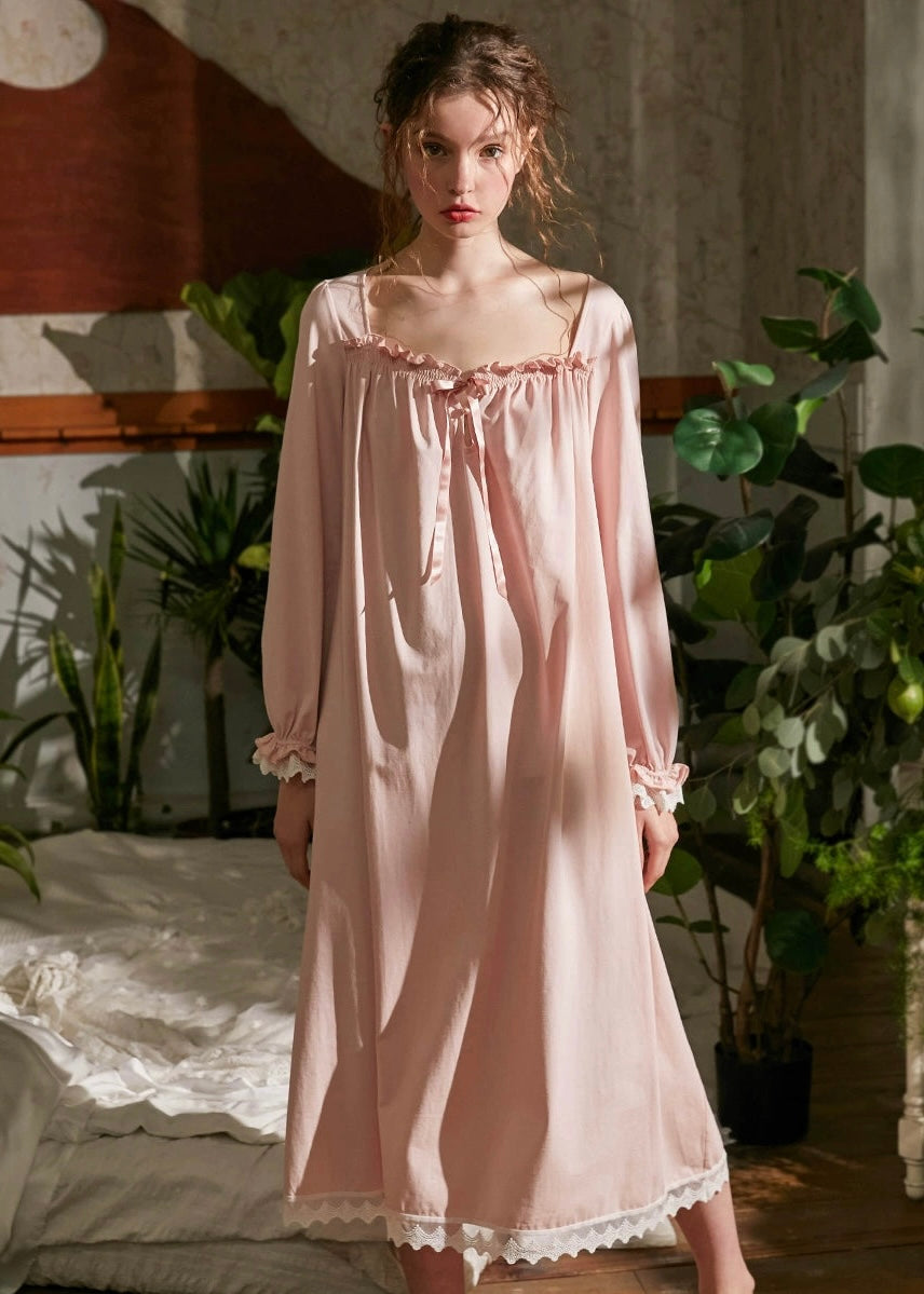 Vintage Lace Trim Long Sleeve Nightgown(2COLOR)