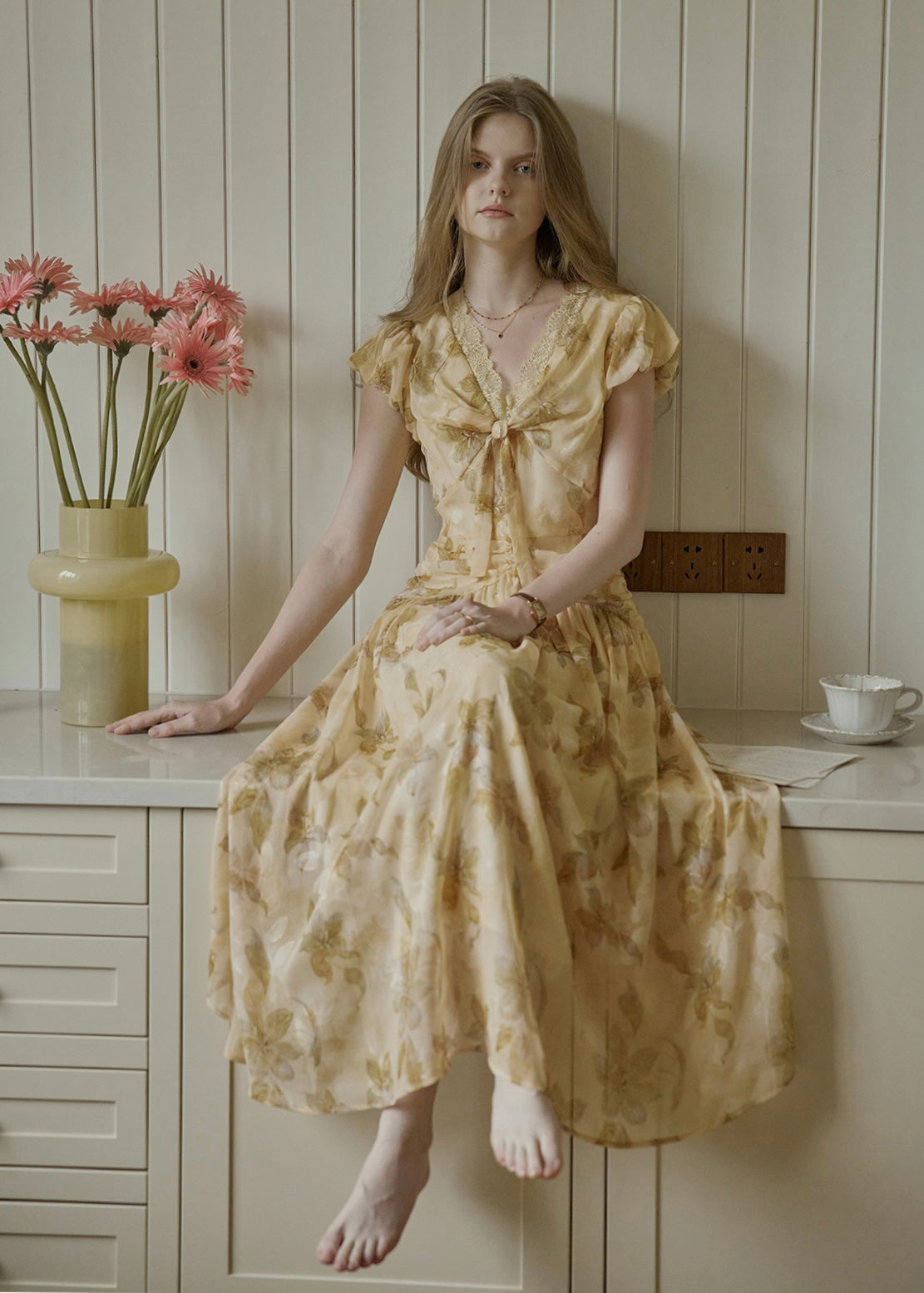 Golden Lily Lace Tie Flare Long Dress