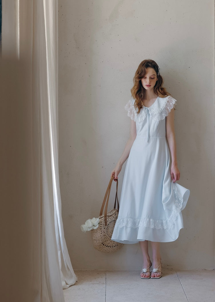 Blue Lullaby Vintage Lace Collar Sleeveless Summer Dress