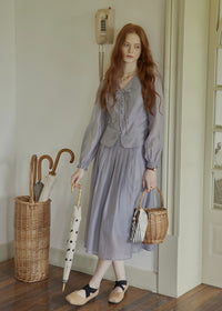 Vintage Ribbon Embroidered Blouse & Pleated Skirt Set