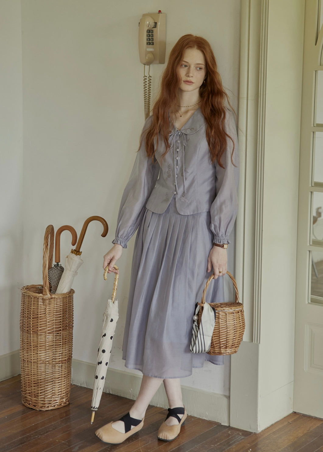 Vintage Ribbon Embroidered Blouse & Pleated Skirt Set