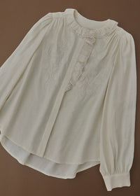 Romantic Cream Lace Embroidered Ruffle Collar Vintage Blouse
