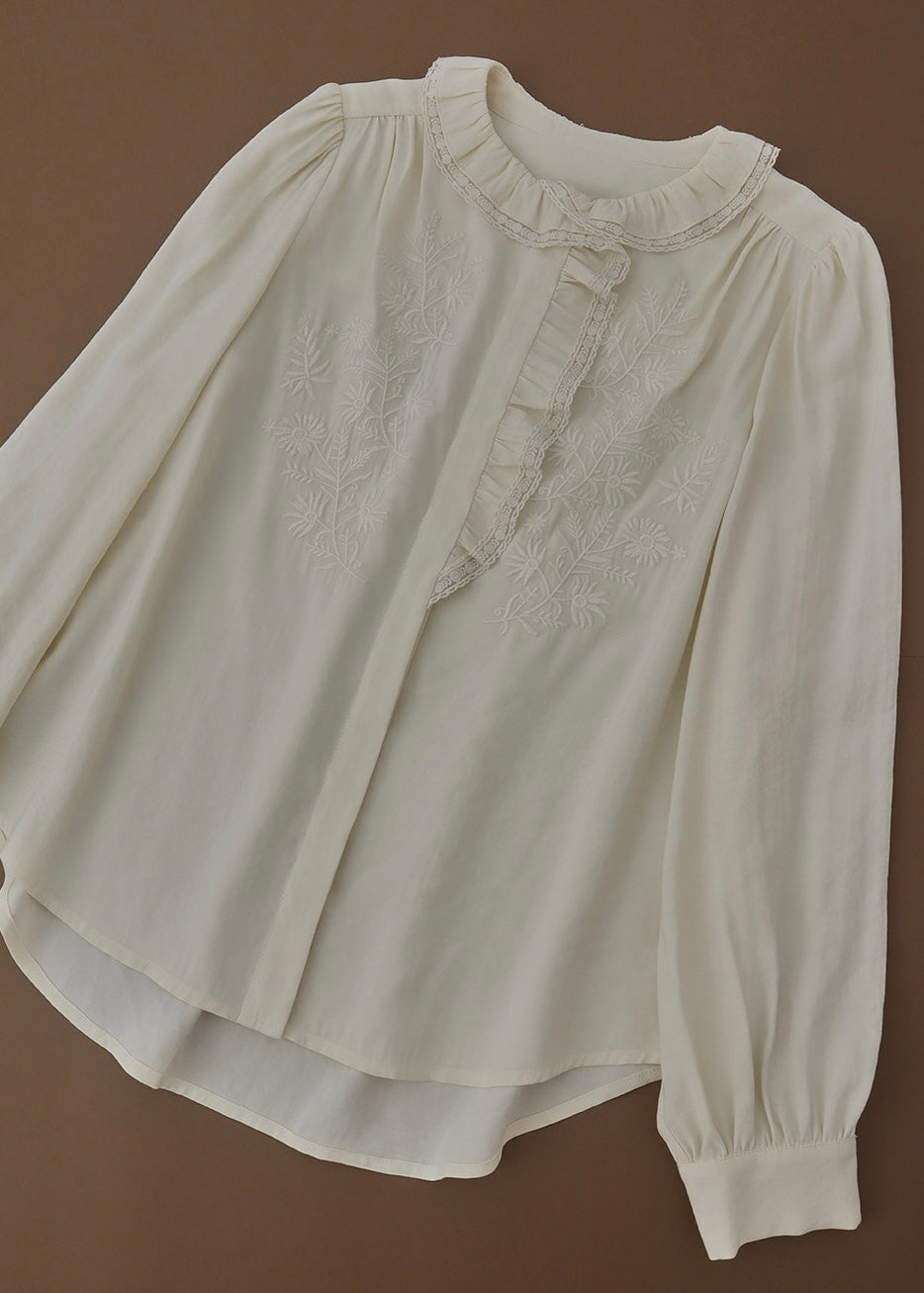 Romantic Cream Lace Embroidered Ruffle Collar Vintage Blouse