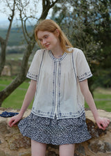 Blue Thread Embroidered Vintage Short Sleeve Blouse