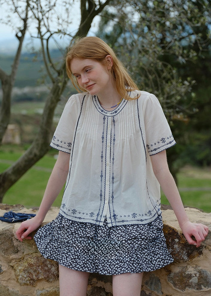 Blue Thread Embroidered Vintage Short Sleeve Blouse