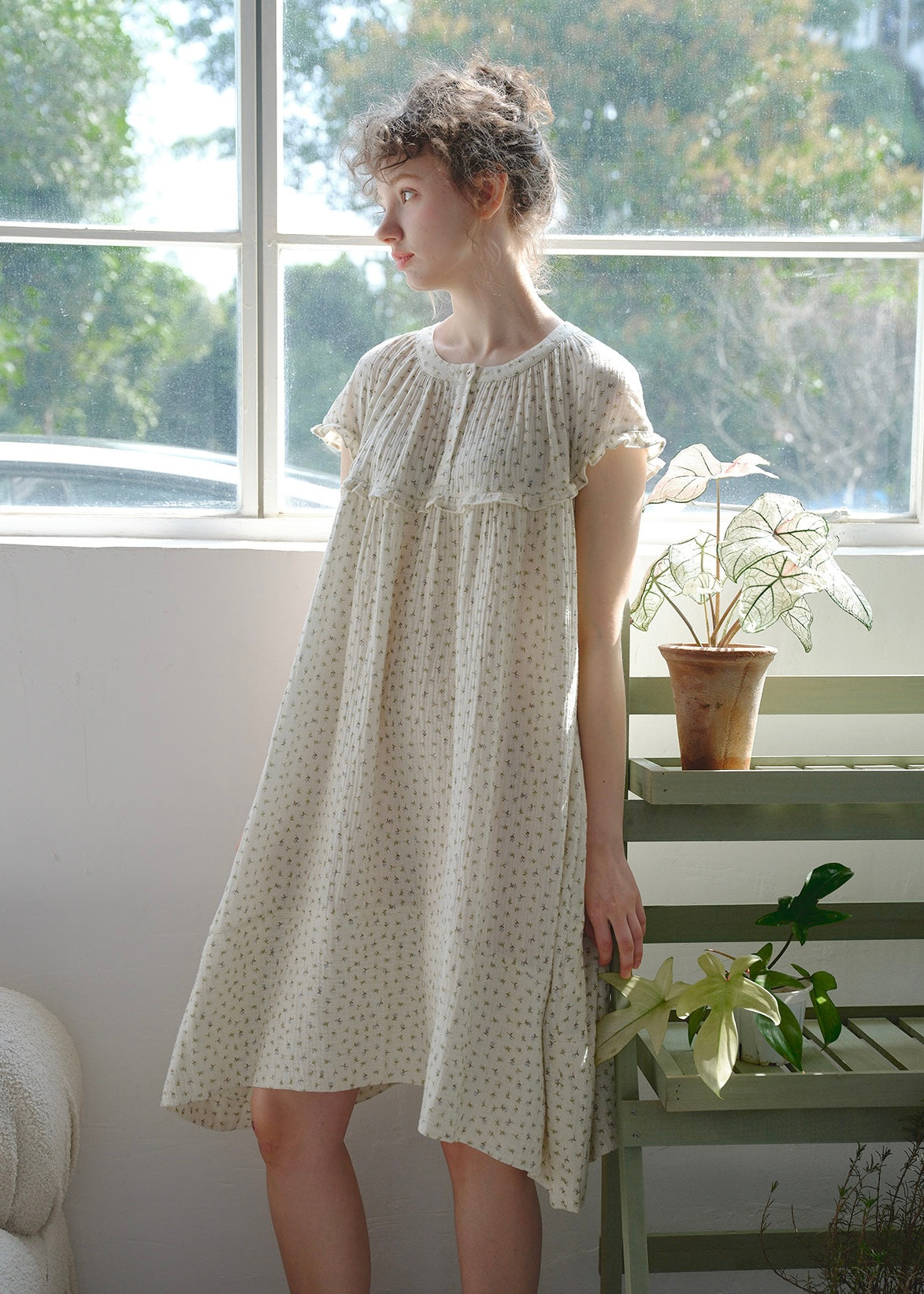 Quiet Daylight Cotton Gauze Nightdress Soft Floral Loose Lounge Dress