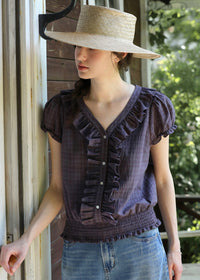Plum Check Short Sleeve Ruffle Shirring Blouse