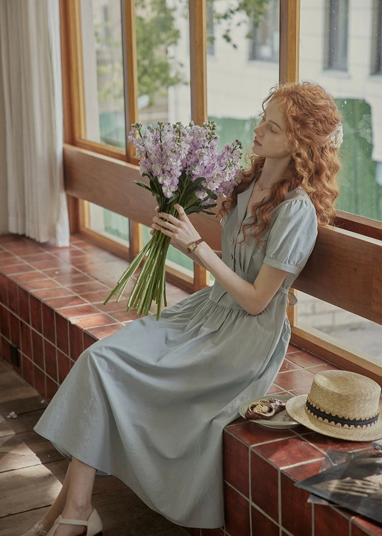 Morning Poem Light Blue Romantic Button Dress