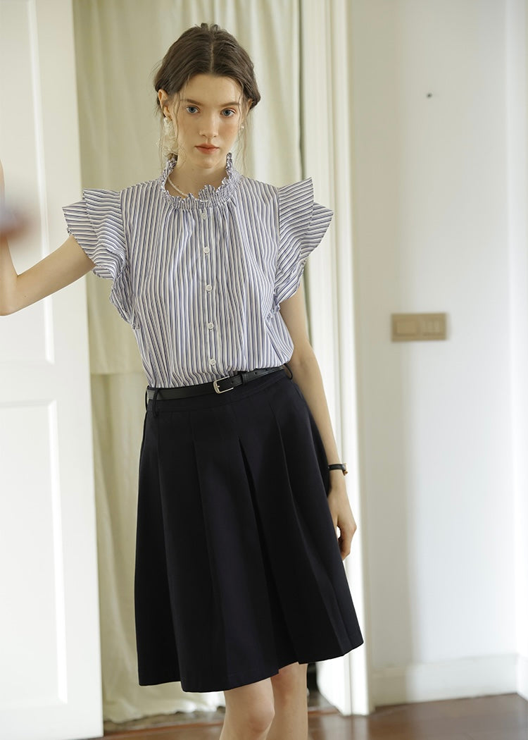 Celeste Stripe Frill Blouse | Blue Ruffle Neck Sleeveless Summer Top