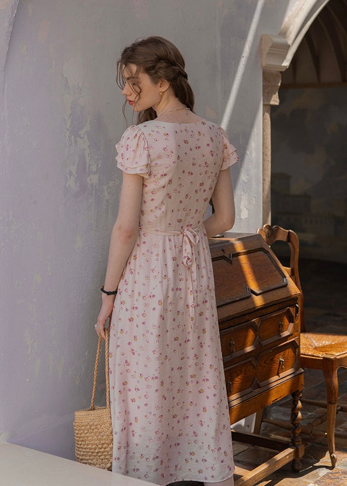 Pink Floral Flutter Sleeve Dress