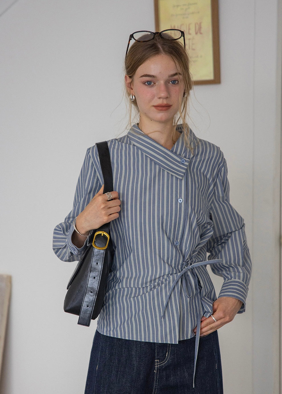 Maren Mist Blue Striped Wrap Shirt
