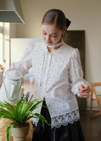 Romantic Polka Dot Lace Trim Blouse with Tie Neck