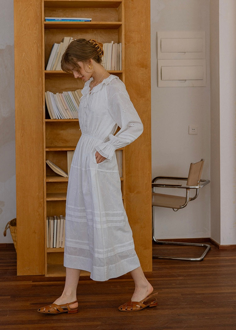 Evening Poem Ruffled White Lace & Navy Check Dress(2COROL)