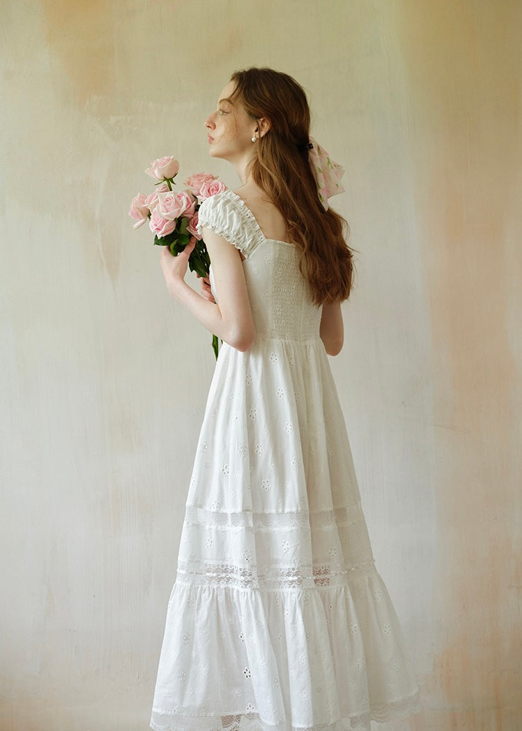 Élise Broderie White Dress | Romantic Lace Cotton Maxi Dress