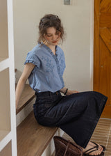 Embroidered Frill Sleeve Linen Blend Blouse(2COLOR)