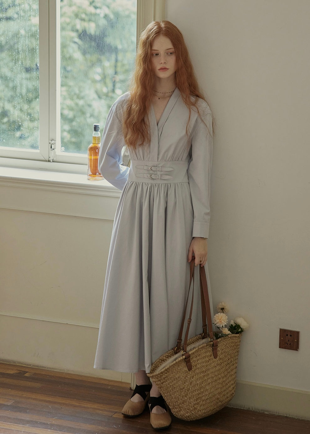Buckled Waist Long Dress V-Neck A-Line Maxi Dress